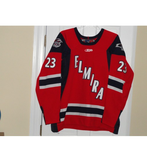 Custom ECHL Tyler Donait Elmira Jackals 23 Krug Lebler Hockey Jersey Alt Red